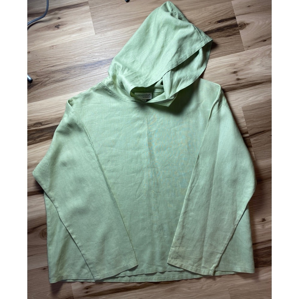 Real Comfort by Chadwick's Green 100% Linen Pullover Hoodie Top Womens Large - Picture 2 of 7